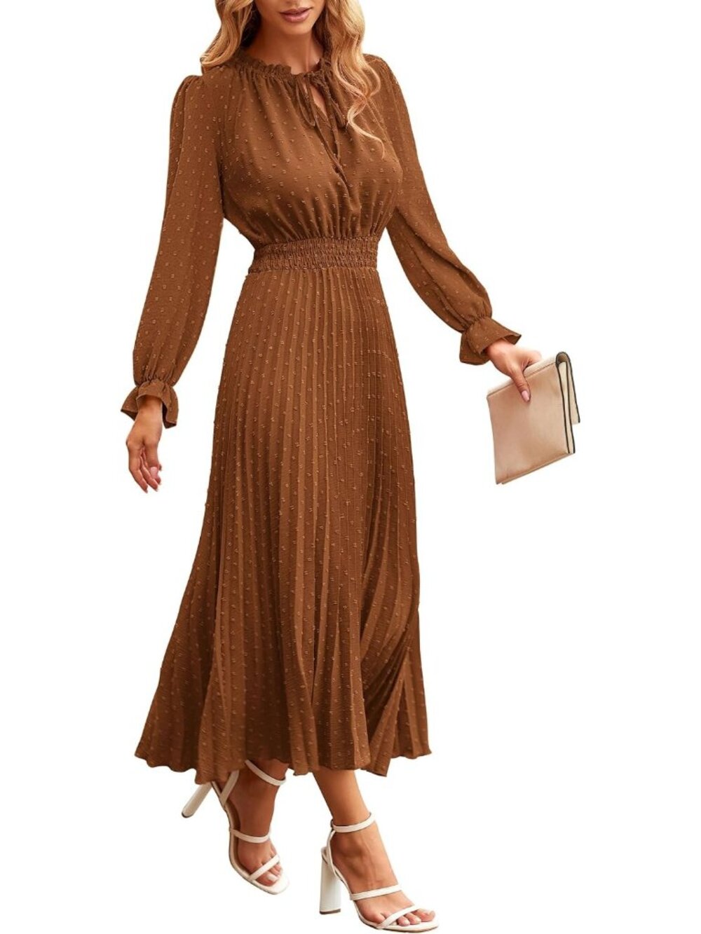 Women's Brown Fall Long Puff Sleeve V Neck Swiss Dot Wedding Guest Midi Dresses